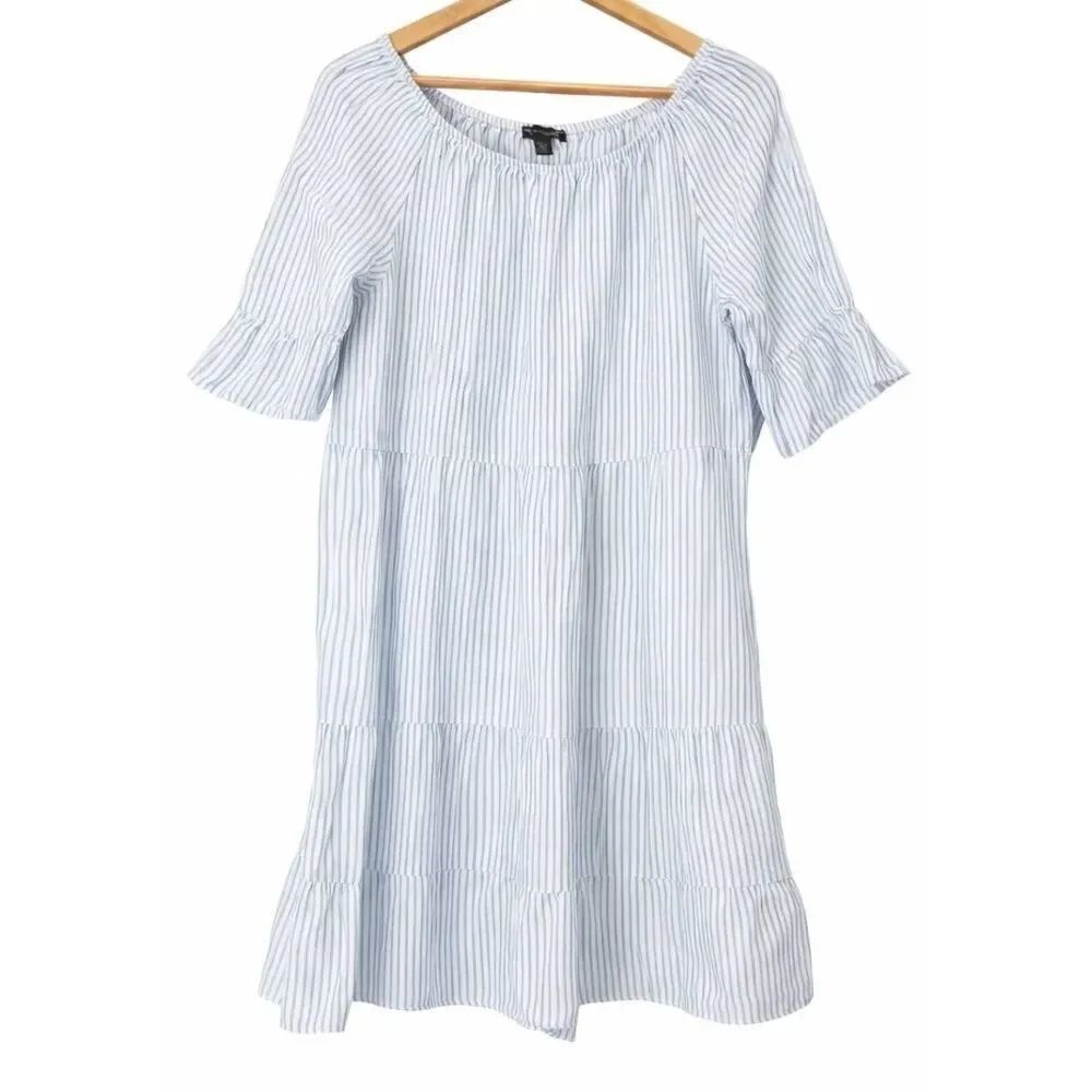 Saks fifth ave Womens medium dress 100% linen blue white stripe boat neck